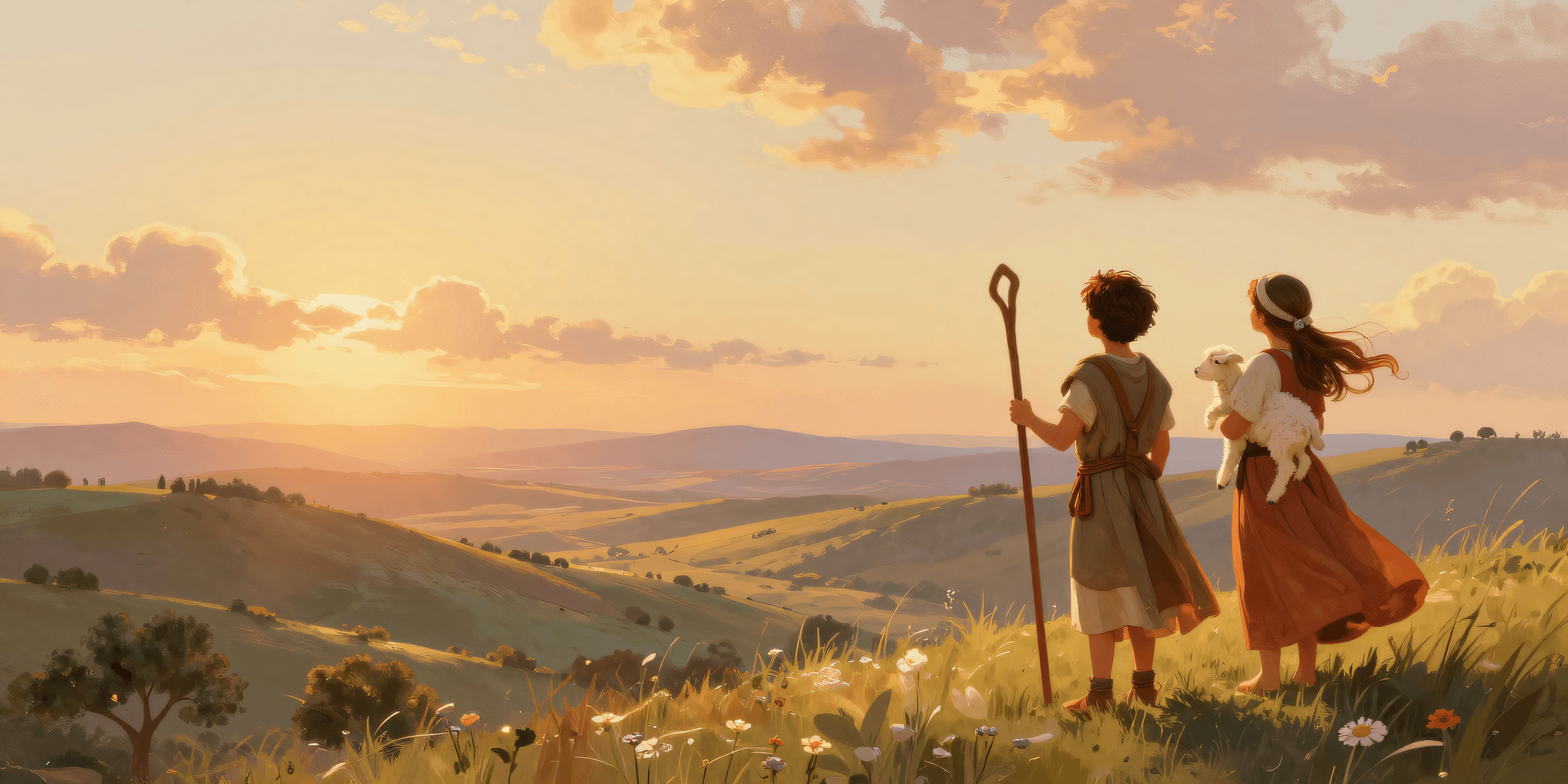 Two children in ancient robes on a sunlit hilltop at golden hour