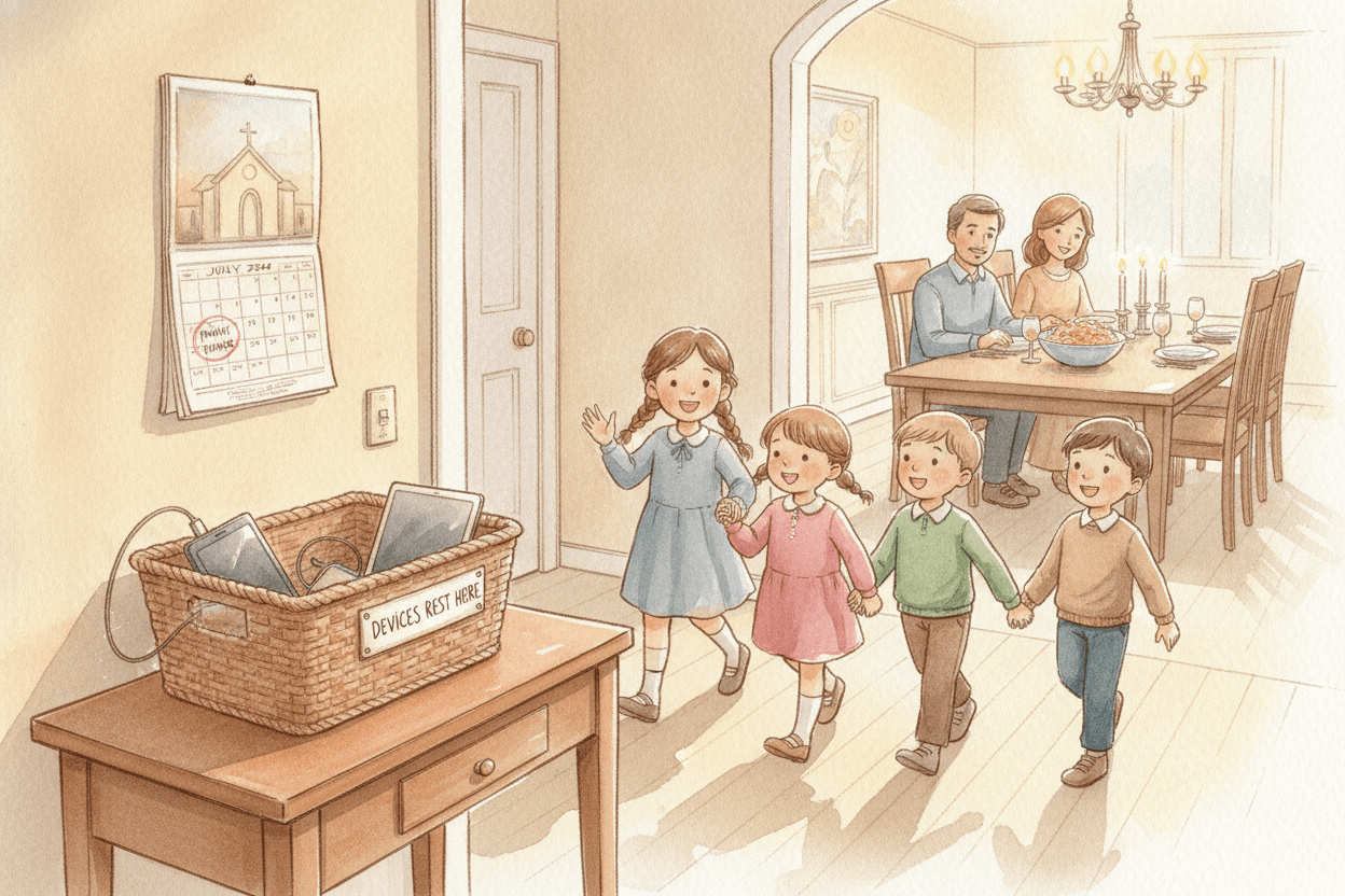 Build a Family Media Rule of Life Around Shared Spaces and Sacred Times — illustration for BibleHeroes blog