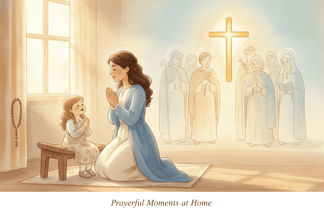 Saints Are Heavenly Friends, Not Distant Heroes — illustration for BibleHeroes blog