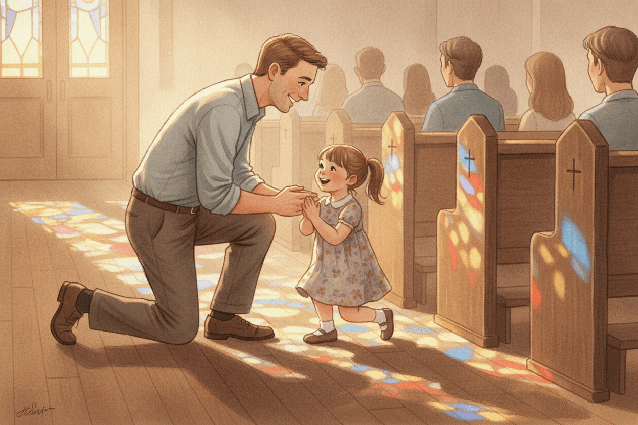 Teaching Kids Reverence at Mass Without Expecting Perfection — illustration for BibleHeroes blog