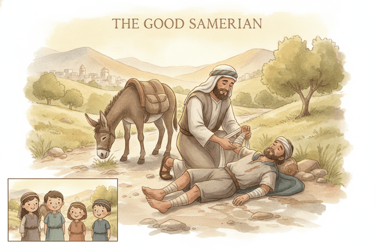 The Good Samaritan Story, Told Clearly for Kids — illustration for BibleHeroes blog