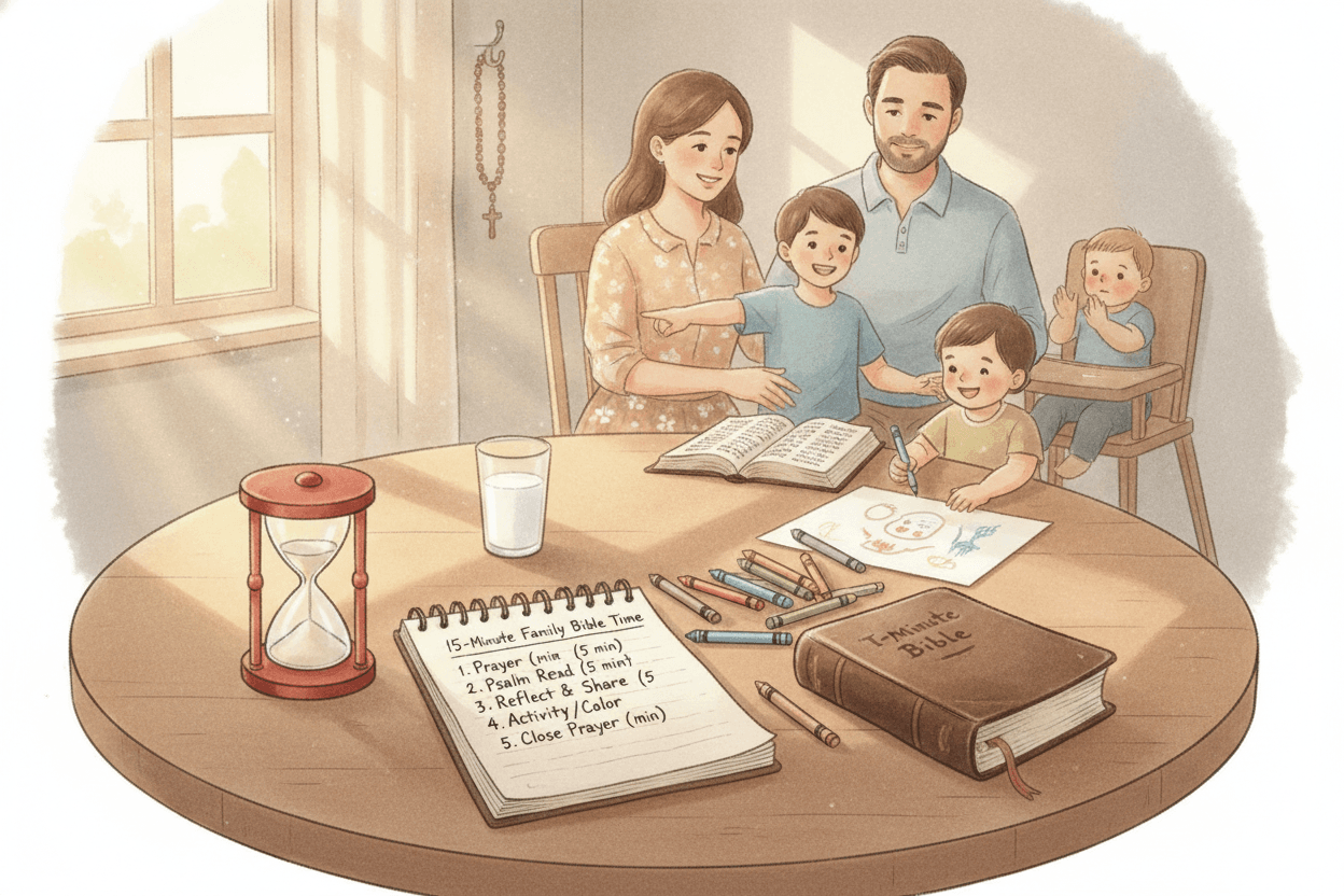 The 15-Minute Rhythm That Works in a Noisy House — illustration for BibleHeroes blog