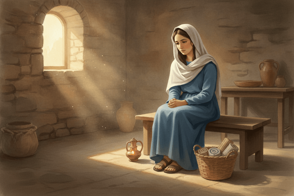Mary’s Yes Began With a Question, Not a Perfect Plan — illustration for BibleHeroes blog