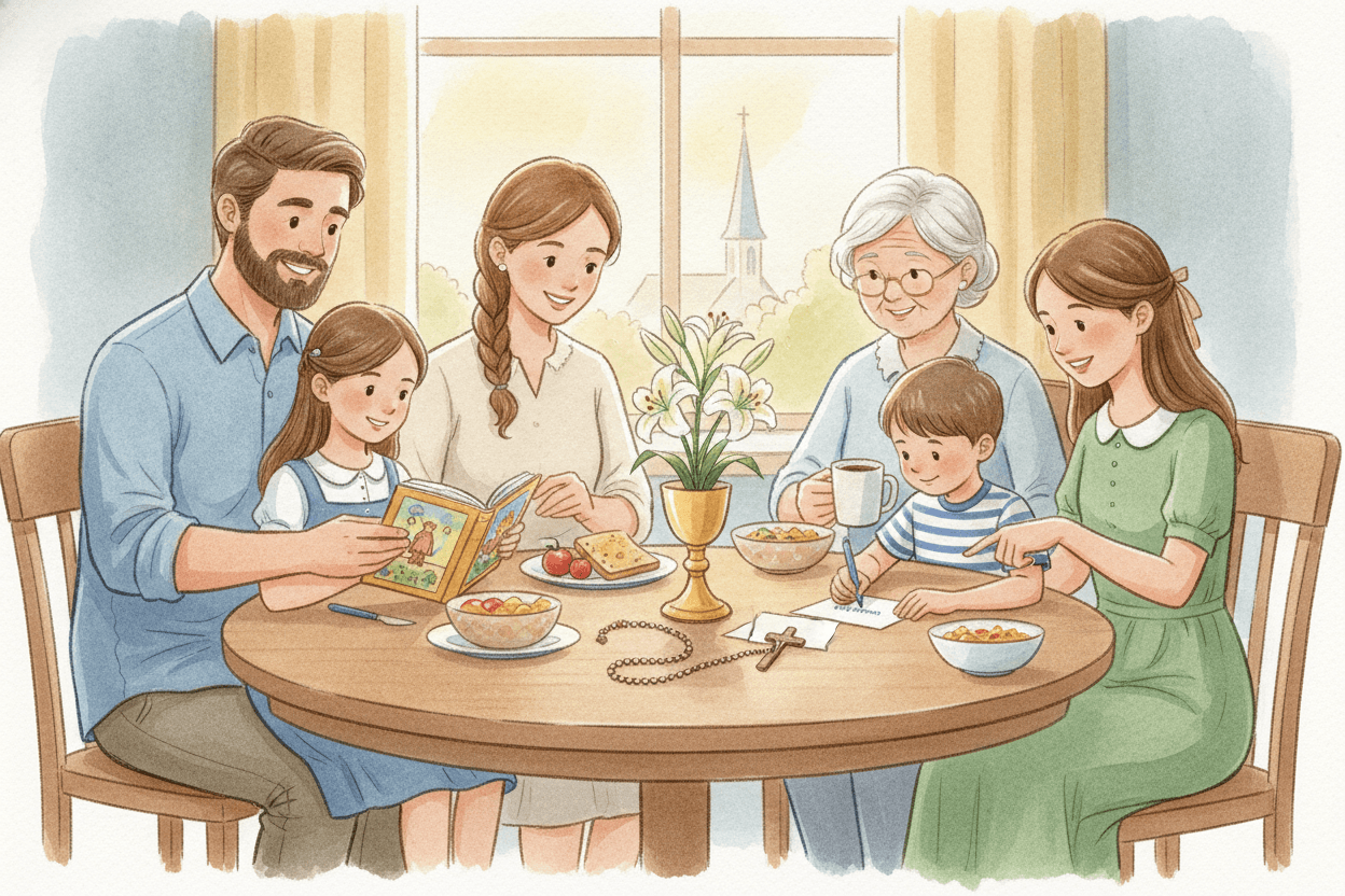 Let Sunday Mass Set the Family’s One Small Focus — illustration for BibleHeroes blog