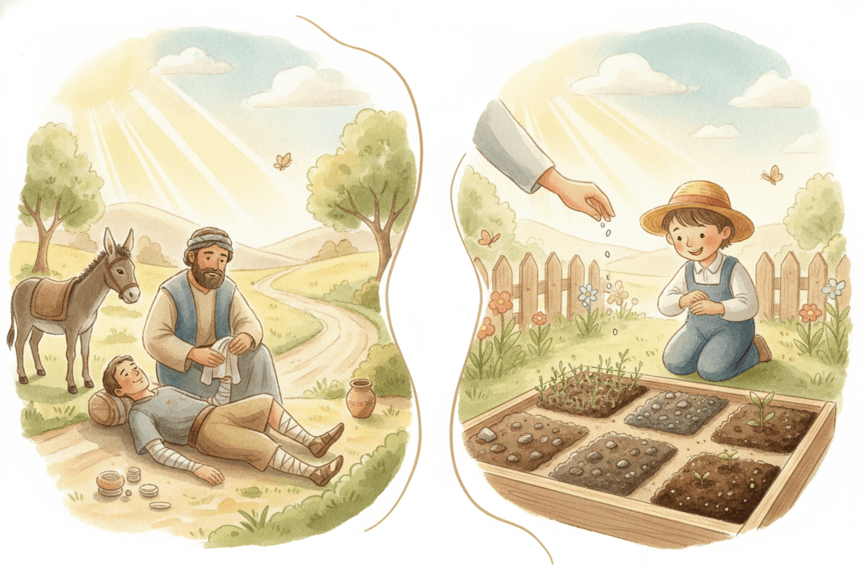 Two Short Models: The Good Samaritan and the Sower — illustration for BibleHeroes blog