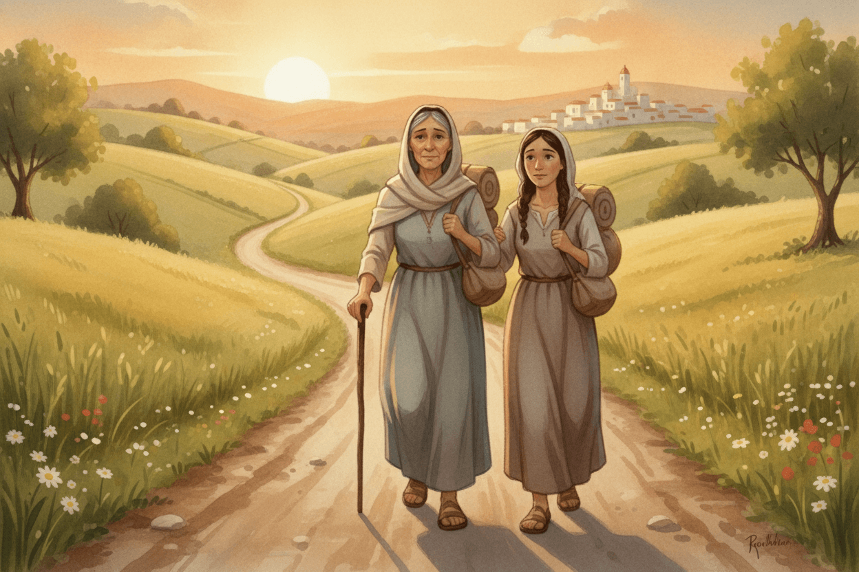 Ruth and Naomi for Kids: What Happened in Ruth 1 — illustration for BibleHeroes blog