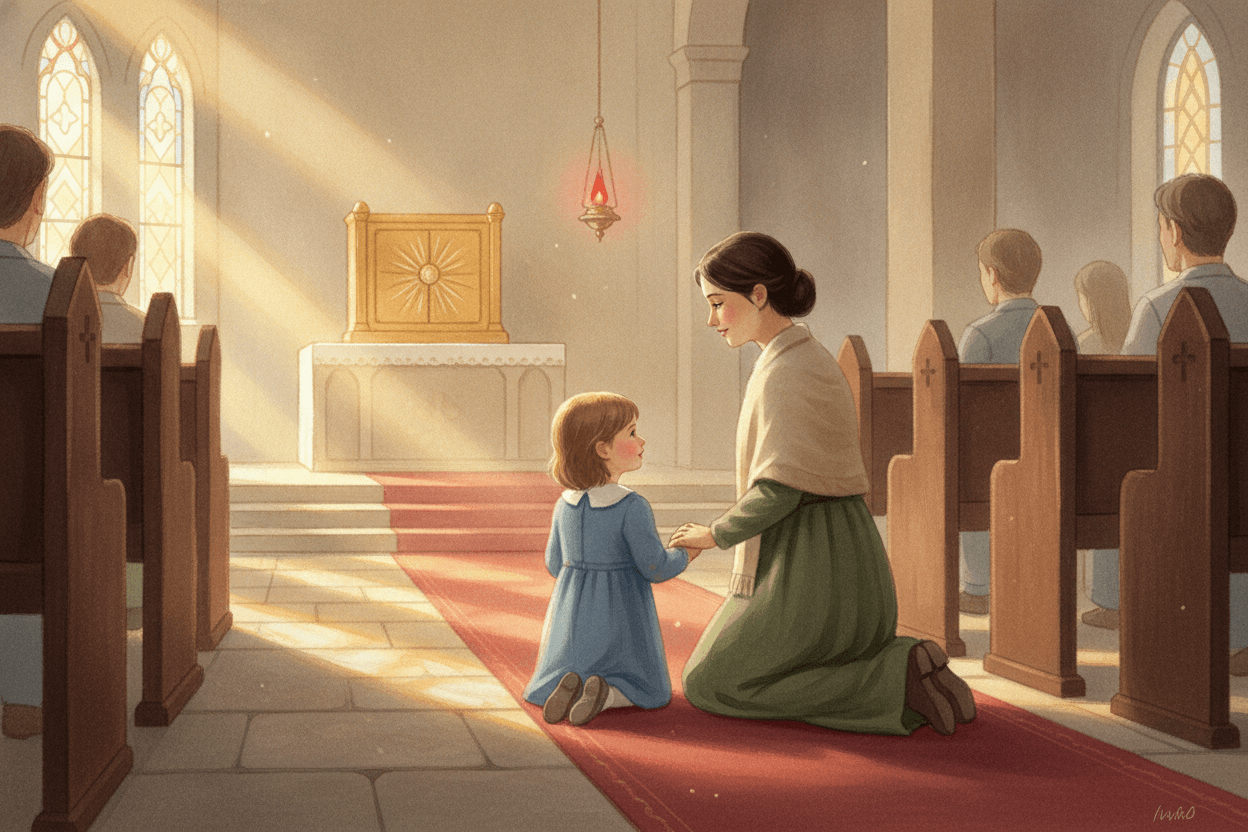 Help Kids Recognize the Emmaus Pattern at Mass — illustration for BibleHeroes blog